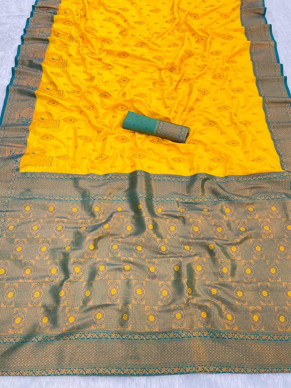 Engaging Yellow Soft Banarasi Silk Saree With Quintessential Blouse Piece