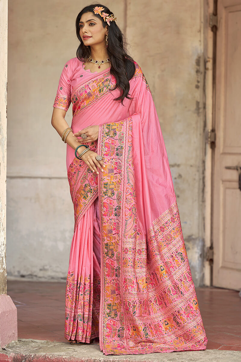 Evocative Baby Pink Pashmina Saree With Quintessential Blouse Piece