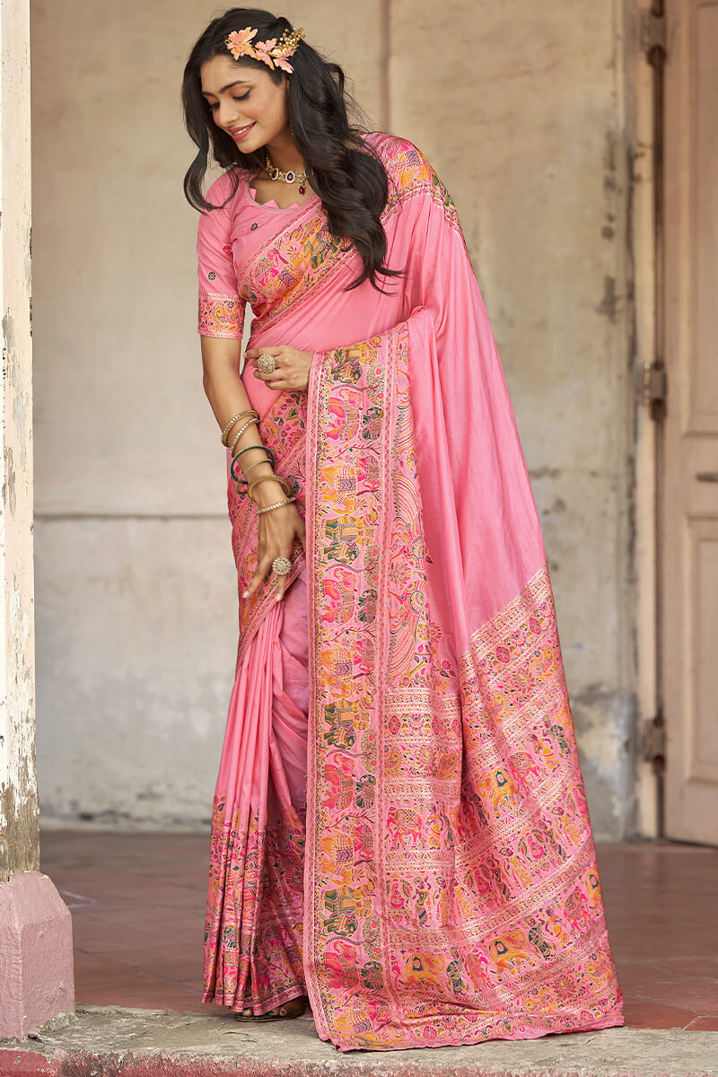 Evocative Baby Pink Pashmina Saree With Quintessential Blouse Piece
