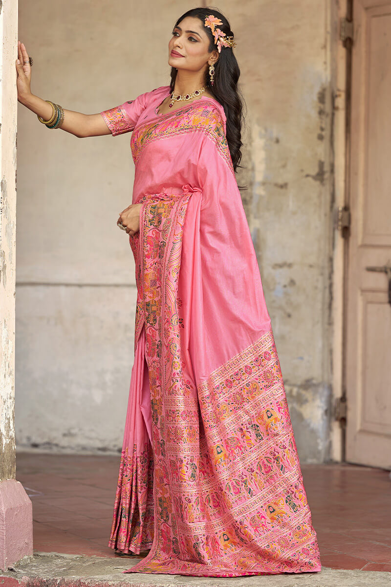 Evocative Baby Pink Pashmina Saree With Quintessential Blouse Piece
