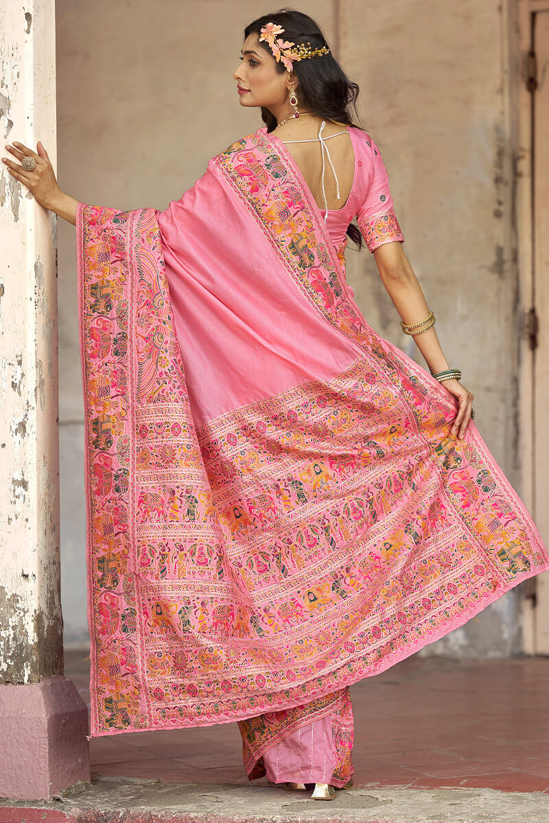 Evocative Baby Pink Pashmina Saree With Quintessential Blouse Piece