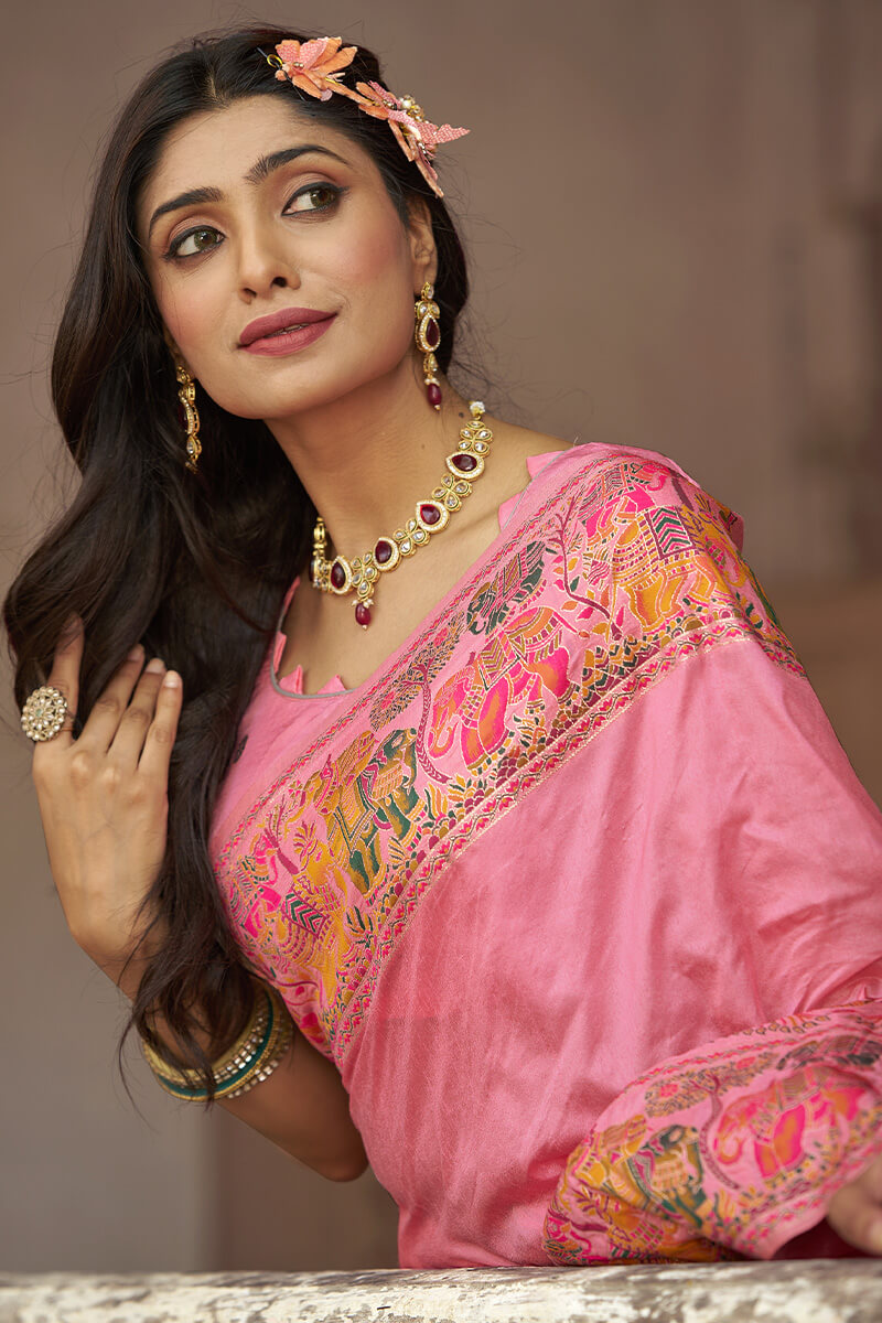 Evocative Baby Pink Pashmina Saree With Quintessential Blouse Piece