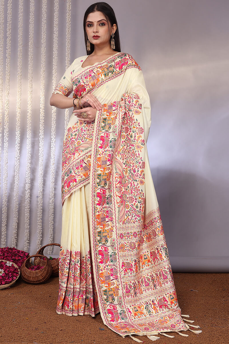 Smashing Beige Pashmina Saree With Elaborate Blouse Piece