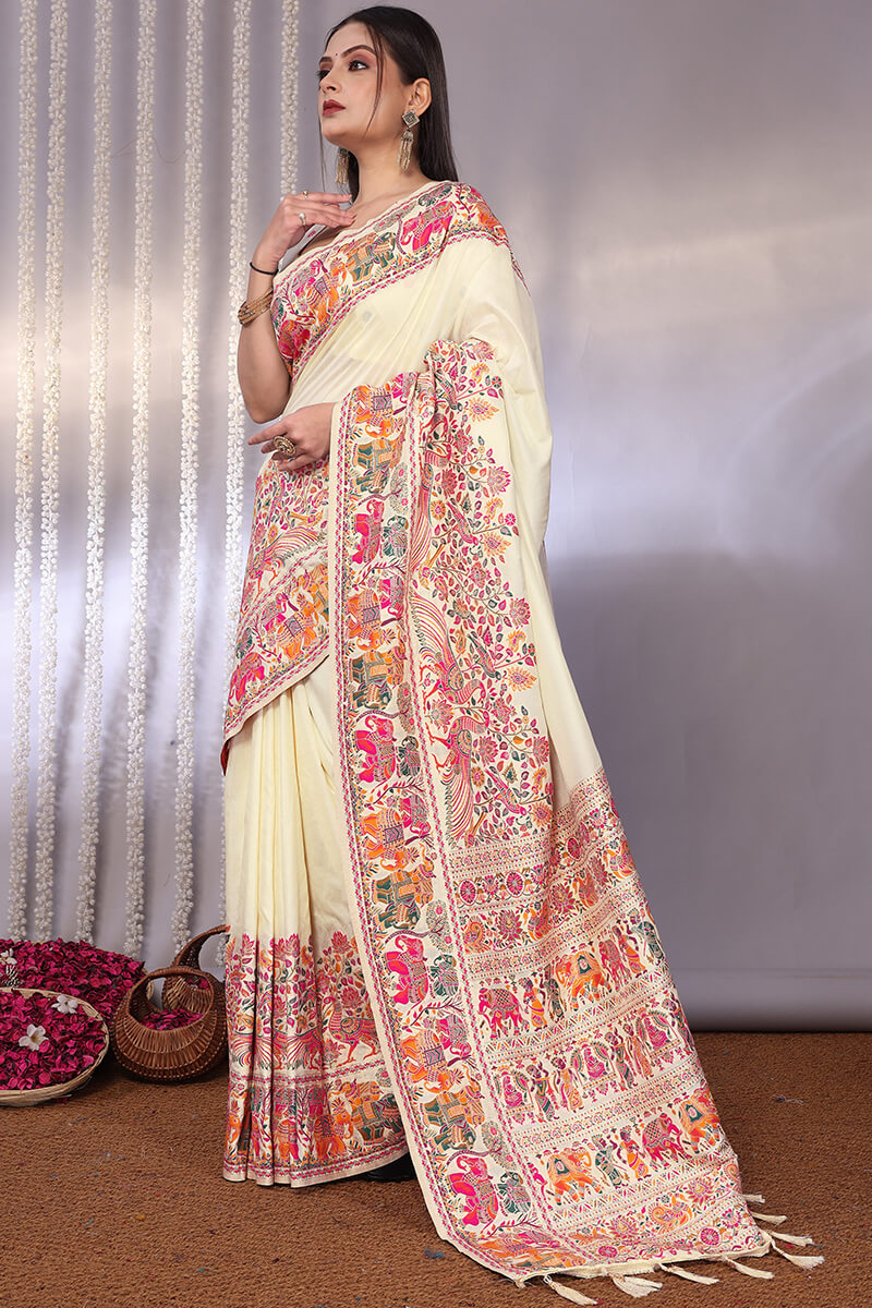 Smashing Beige Pashmina Saree With Elaborate Blouse Piece