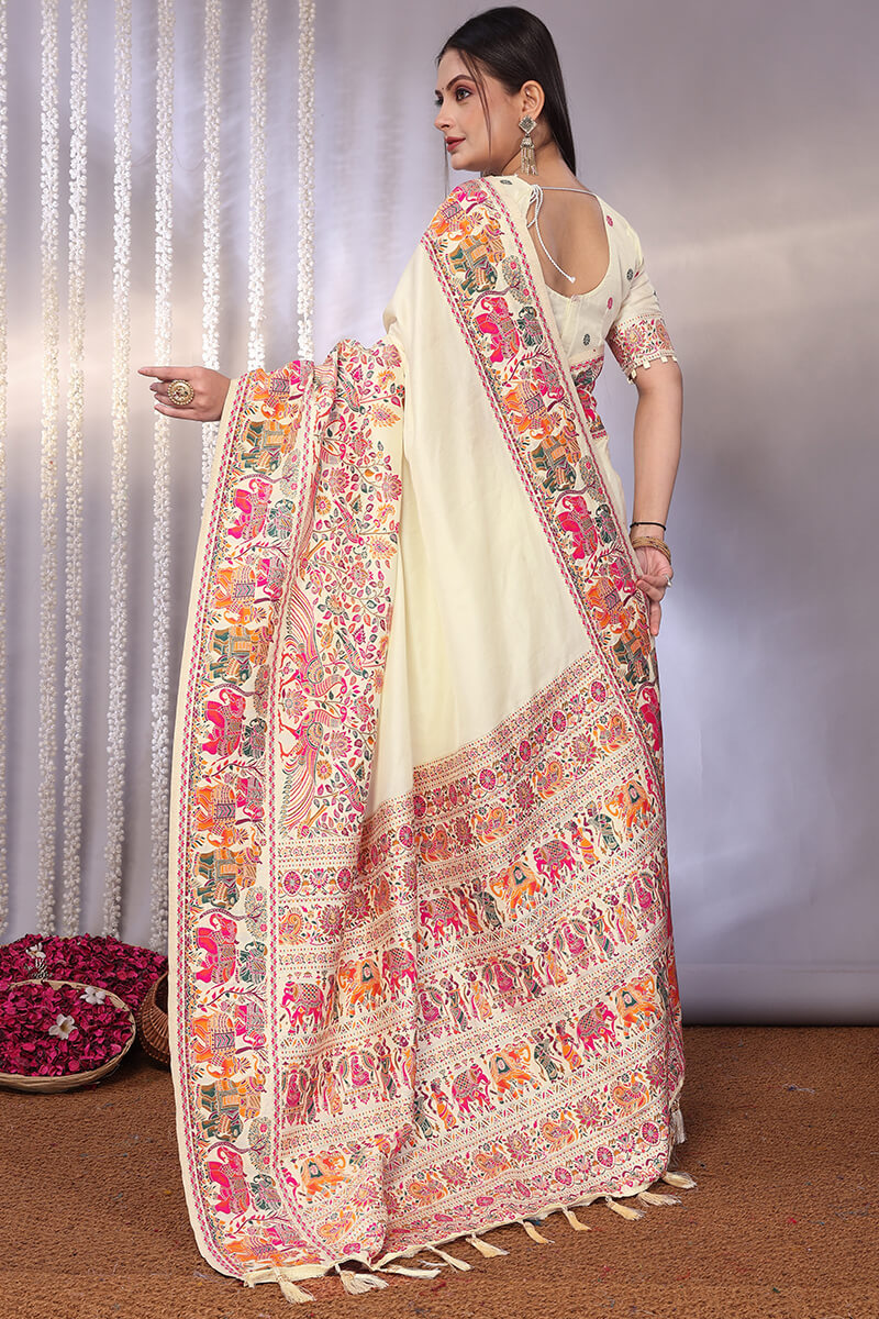 Smashing Beige Pashmina Saree With Elaborate Blouse Piece