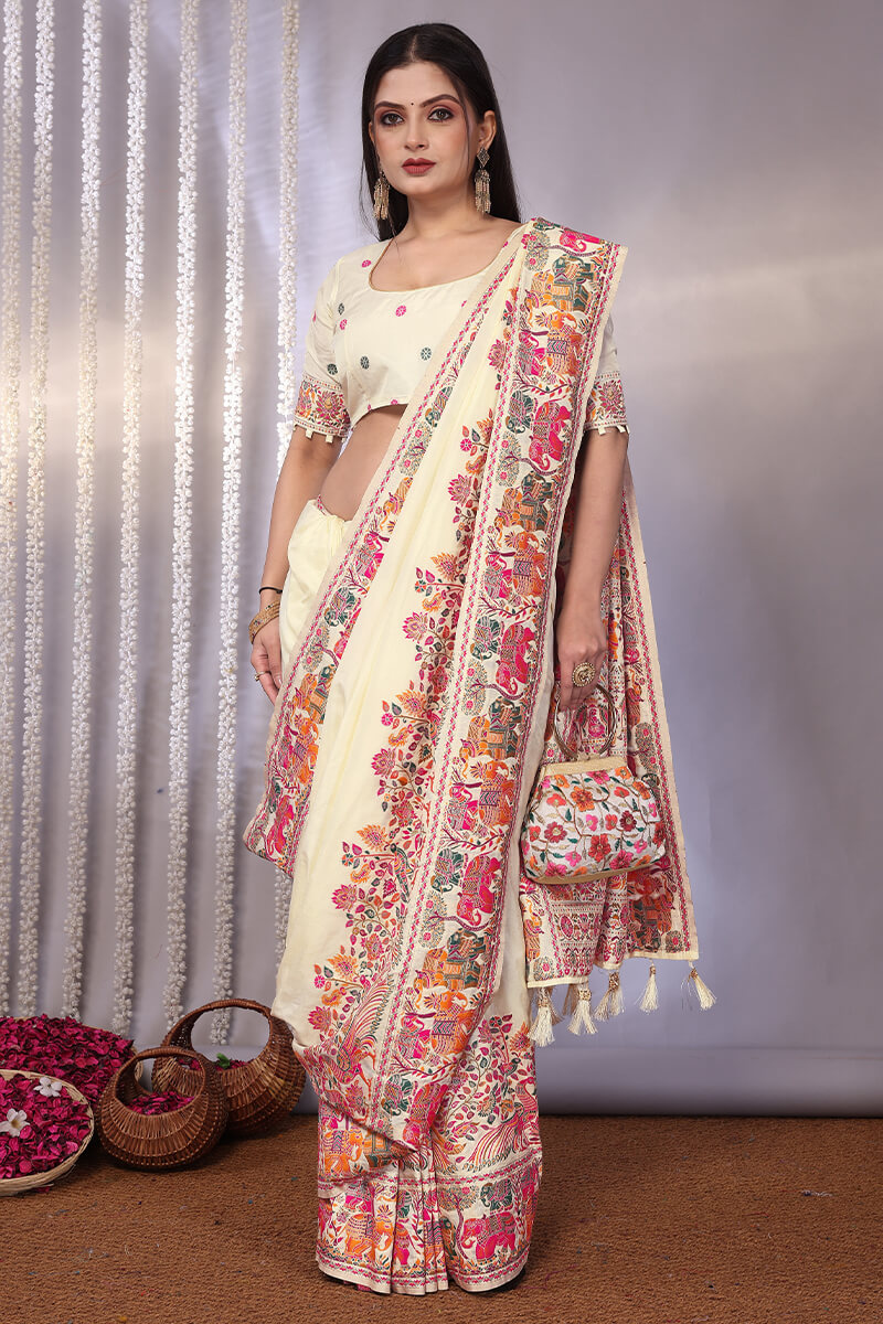 Smashing Beige Pashmina Saree With Elaborate Blouse Piece