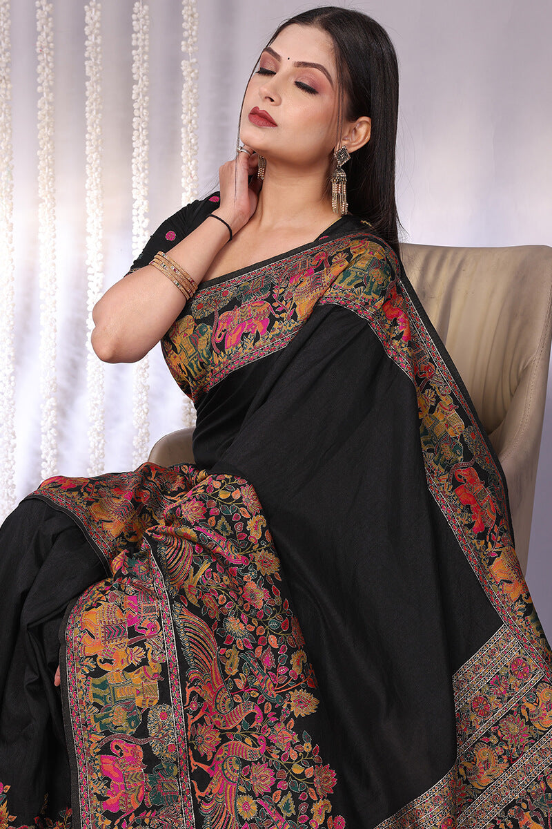 Pulsating Black Pashmina Saree With Ineffable Blouse Piece