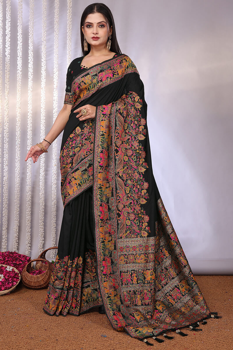 Pulsating Black Pashmina Saree With Ineffable Blouse Piece