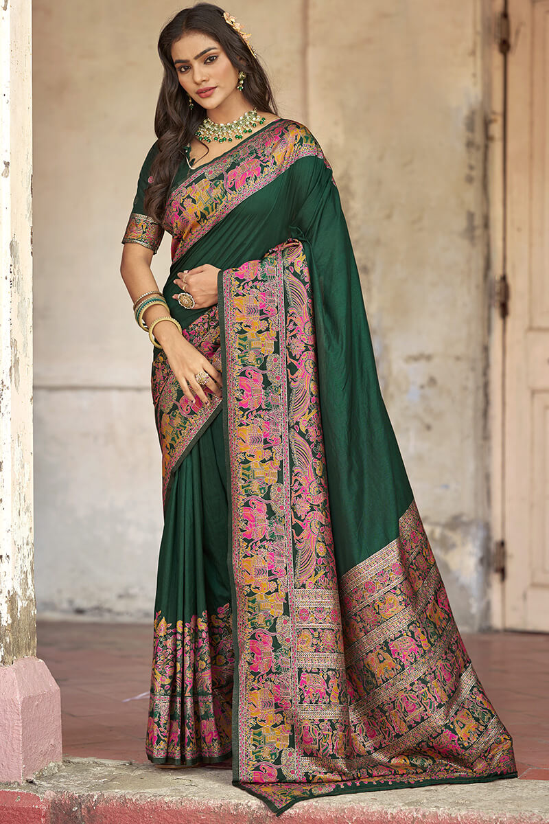 Sonorous Dark Green Pashmina Saree With Intricate Blouse Piece