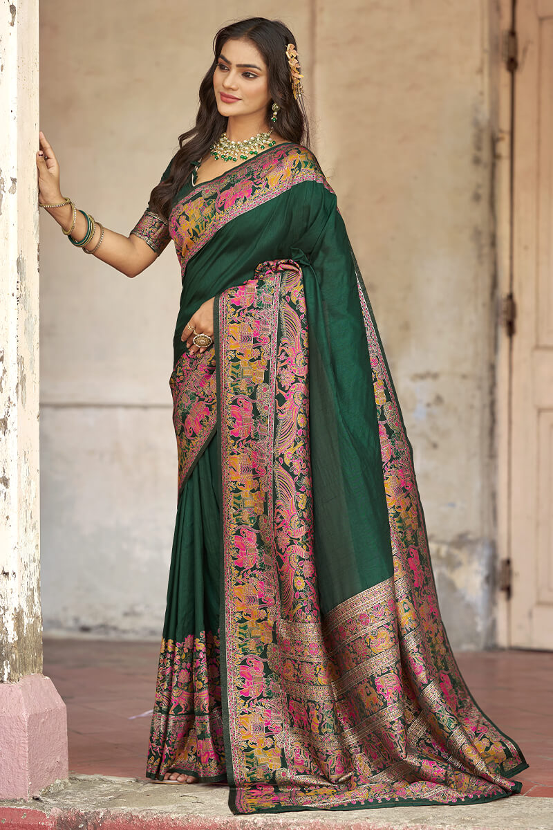 Sonorous Dark Green Pashmina Saree With Intricate Blouse Piece