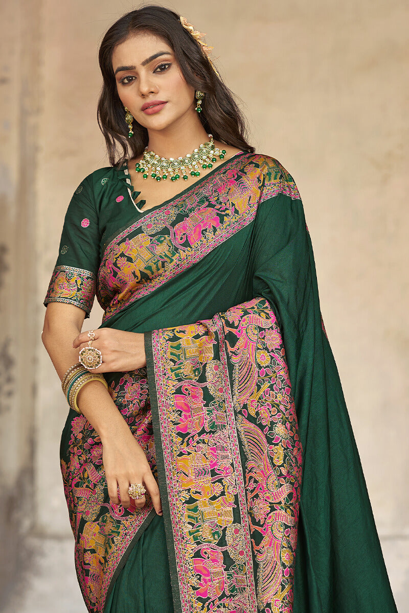 Sonorous Dark Green Pashmina Saree With Intricate Blouse Piece