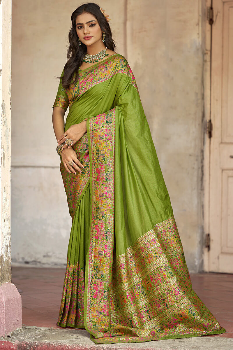 Extraordinary Green Pashmina Saree With Marvellous Blouse Piece