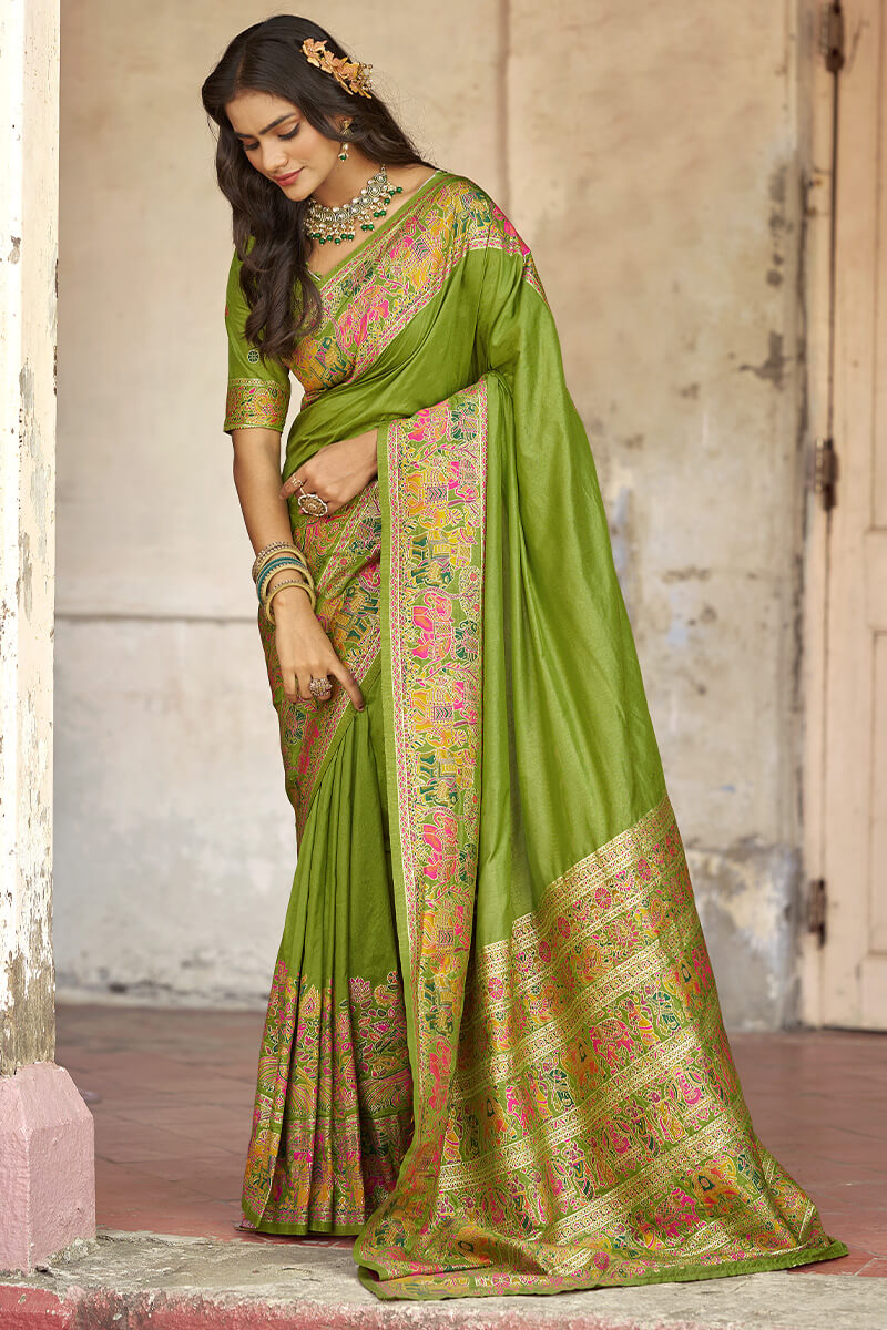 Extraordinary Green Pashmina Saree With Marvellous Blouse Piece