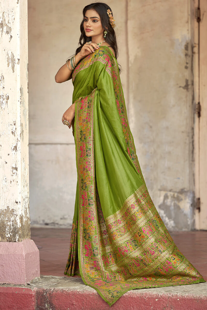 Extraordinary Green Pashmina Saree With Marvellous Blouse Piece