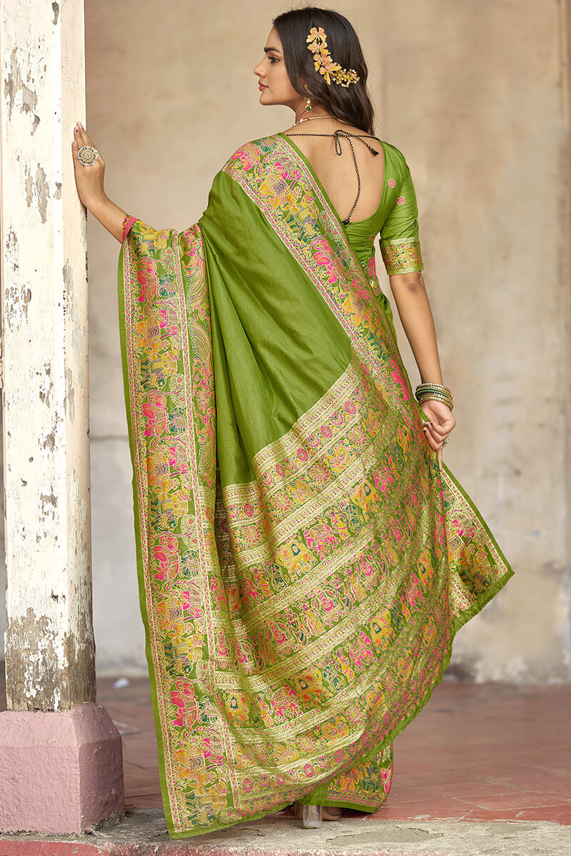 Extraordinary Green Pashmina Saree With Marvellous Blouse Piece