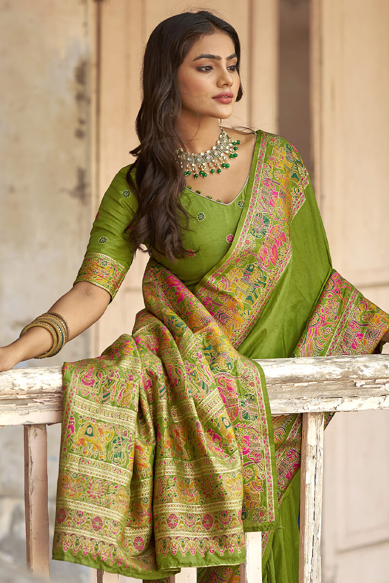 Extraordinary Green Pashmina Saree With Marvellous Blouse Piece