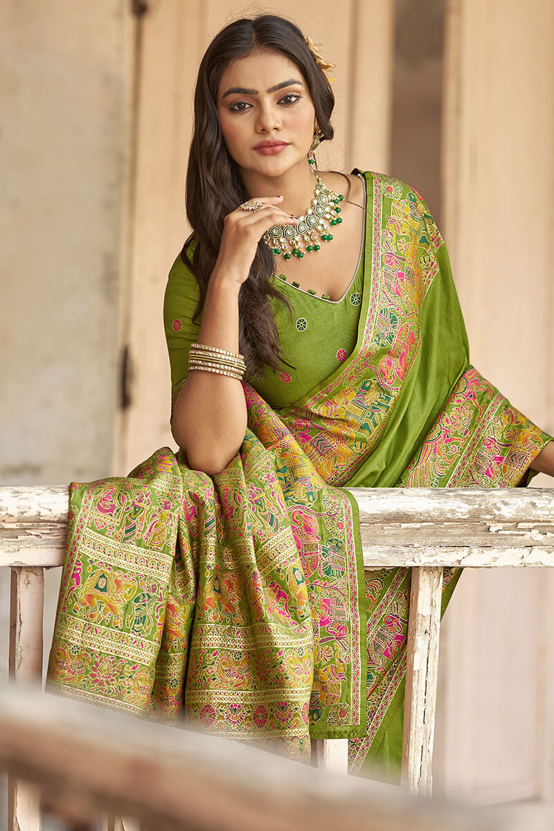 Extraordinary Green Pashmina Saree With Marvellous Blouse Piece