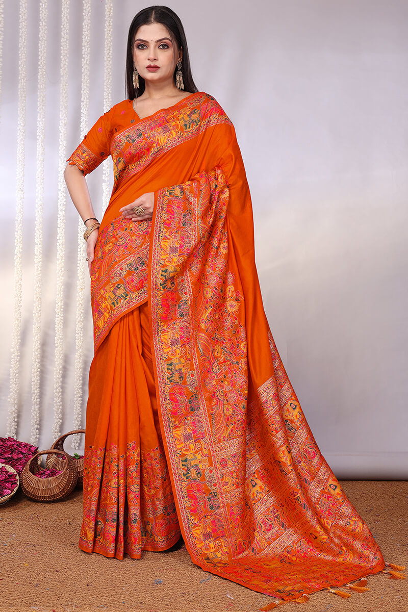 Enchanting Orange Pashmina Saree With Winsome Blouse Piece