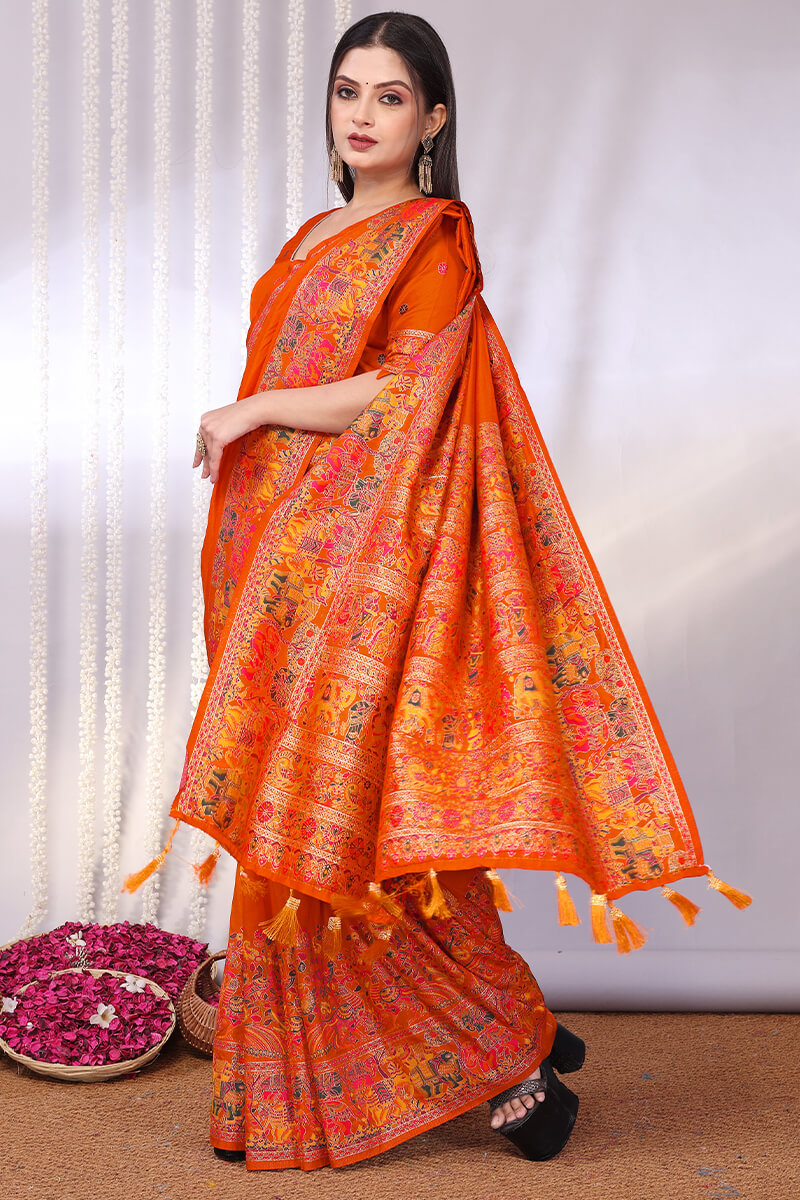 Enchanting Orange Pashmina Saree With Winsome Blouse Piece