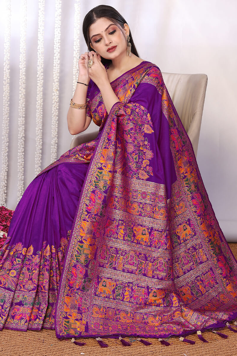 Enthralling Purple Pashmina Saree With Tempting Blouse Piece