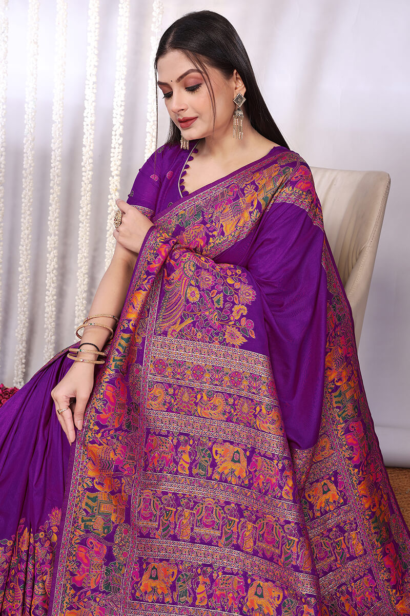 Enthralling Purple Pashmina Saree With Tempting Blouse Piece