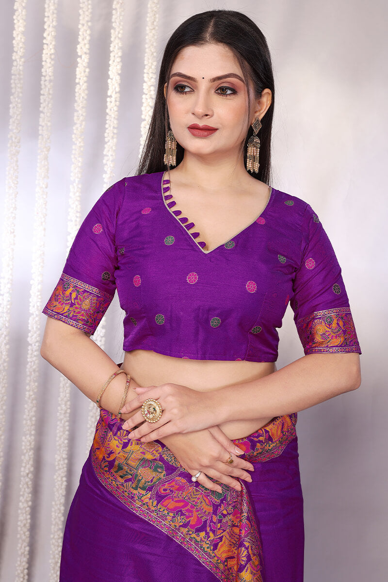 Enthralling Purple Pashmina Saree With Tempting Blouse Piece