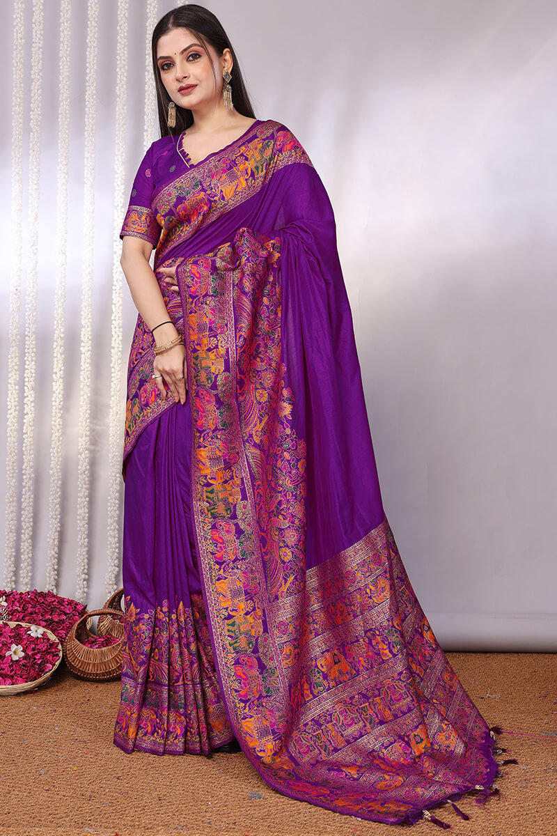 Enthralling Purple Pashmina Saree With Tempting Blouse Piece