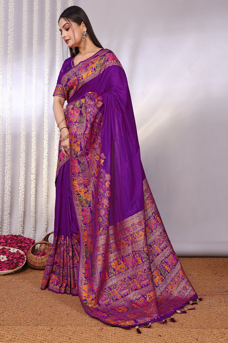 Enthralling Purple Pashmina Saree With Tempting Blouse Piece