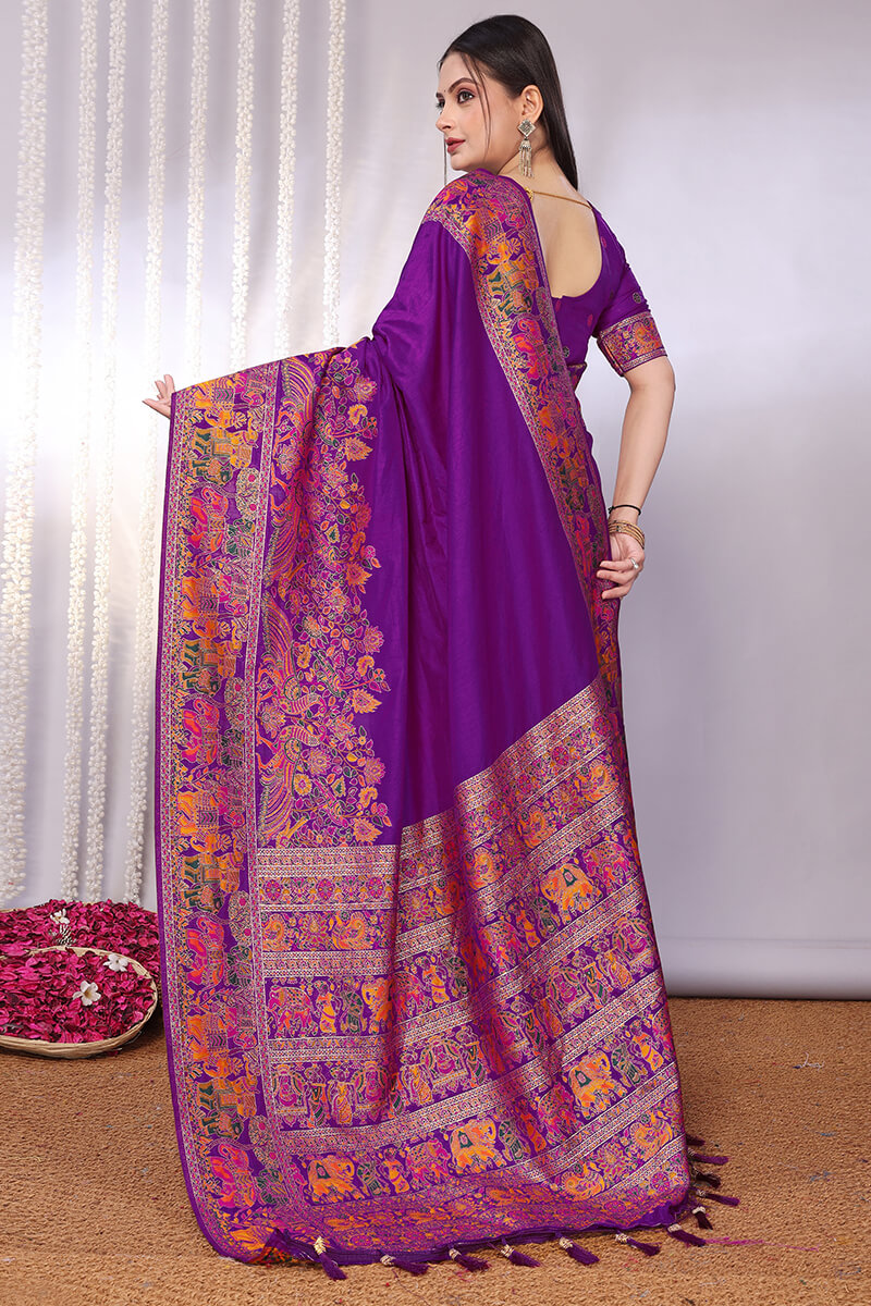 Enthralling Purple Pashmina Saree With Tempting Blouse Piece