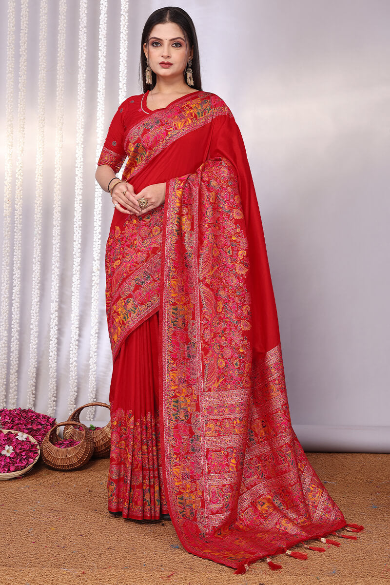 Gratifying Red Pashmina Saree With Ratatouille Blouse Piece