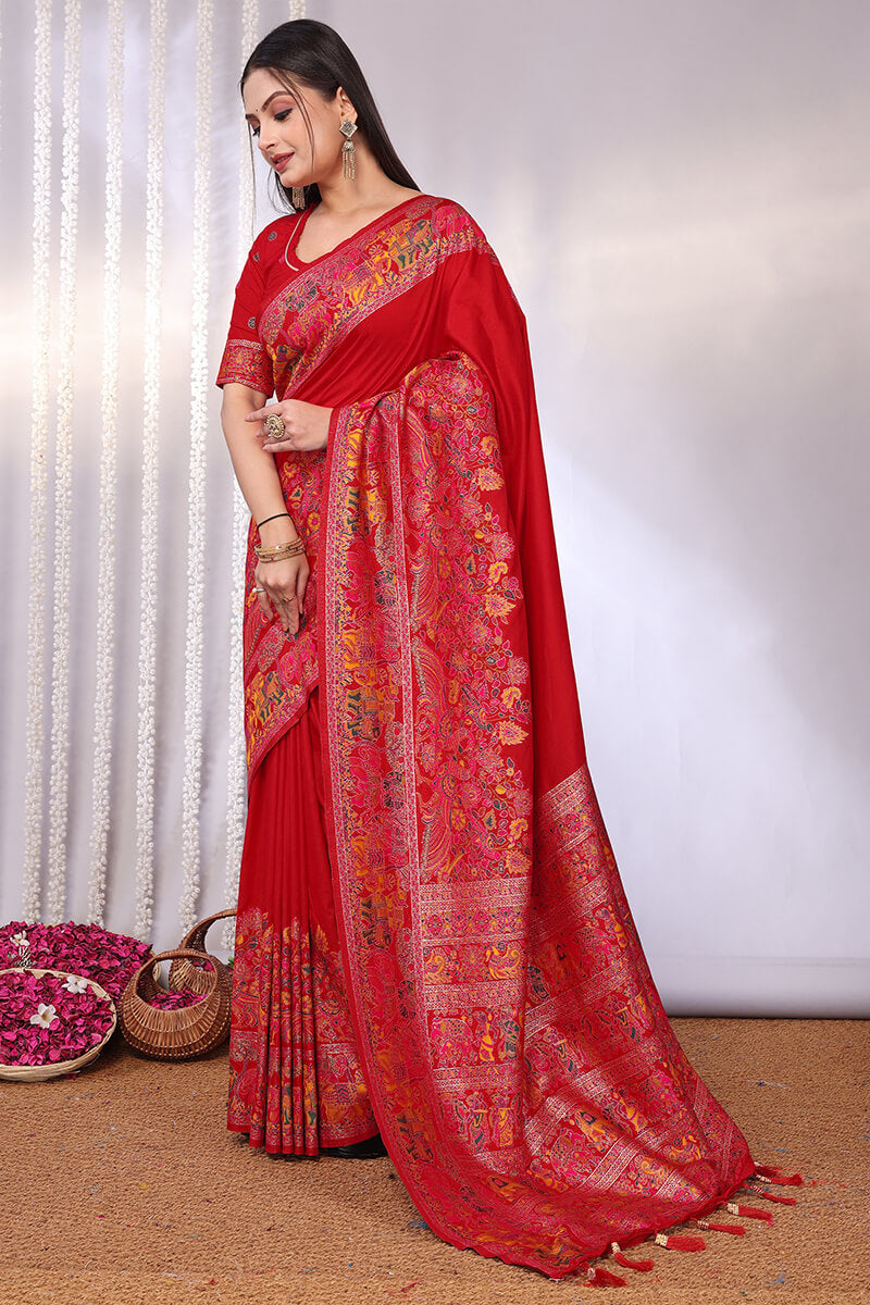 Gratifying Red Pashmina Saree With Ratatouille Blouse Piece