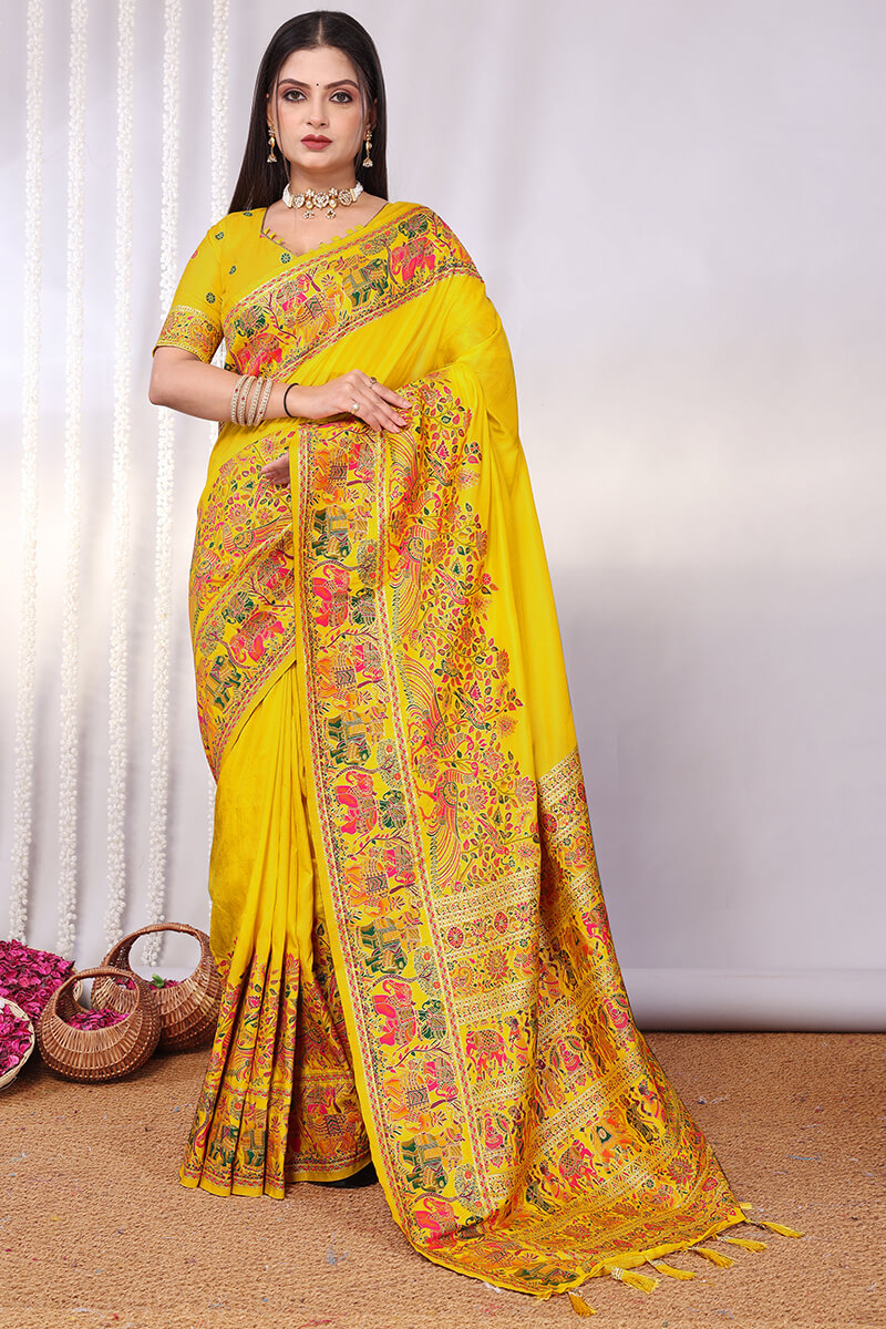 Forbearance Yellow Pashmina Saree With Bucolic Blouse Piece