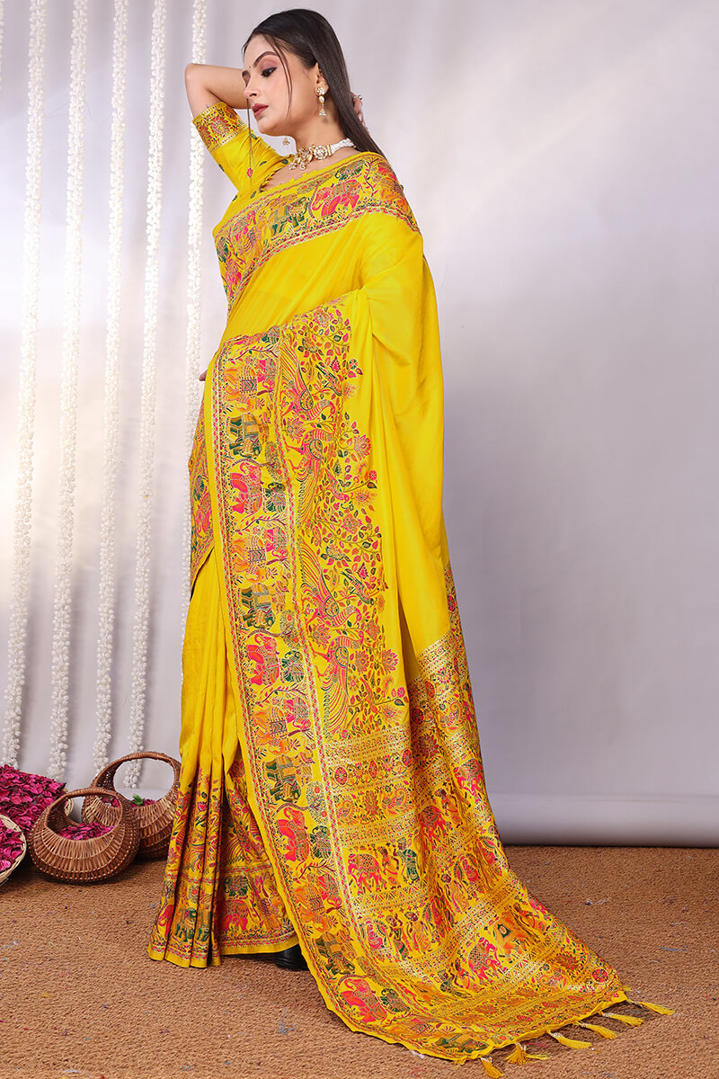 Forbearance Yellow Pashmina Saree With Bucolic Blouse Piece
