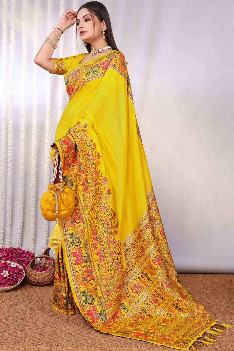 Forbearance Yellow Pashmina Saree With Bucolic Blouse Piece