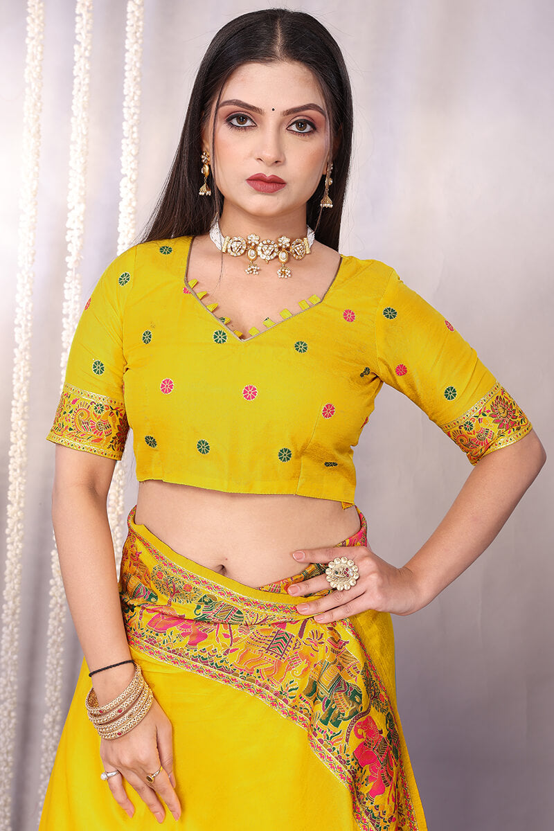 Forbearance Yellow Pashmina Saree With Bucolic Blouse Piece