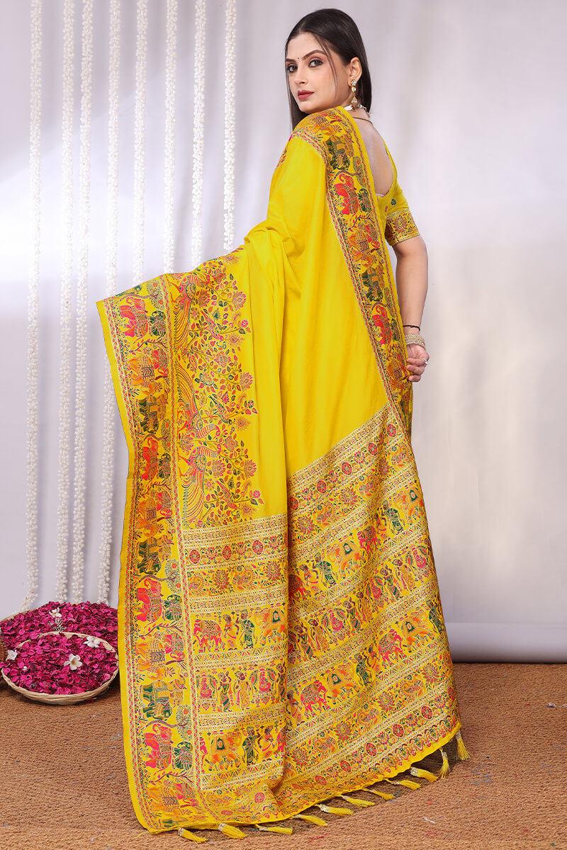 Forbearance Yellow Pashmina Saree With Bucolic Blouse Piece