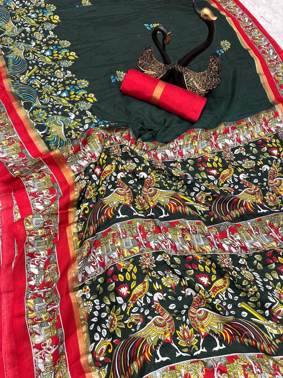 Palimpsest Dark Green Digital Printed Dola Silk Saree With Conflate Blouse Piece