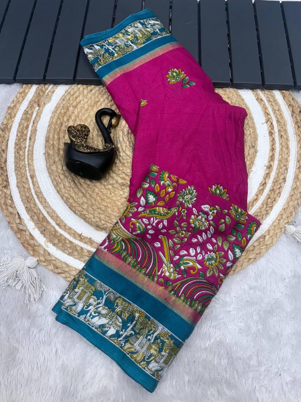 Angelic Dark Pink Digital Printed Dola Silk Saree With Delightful Blouse Piece