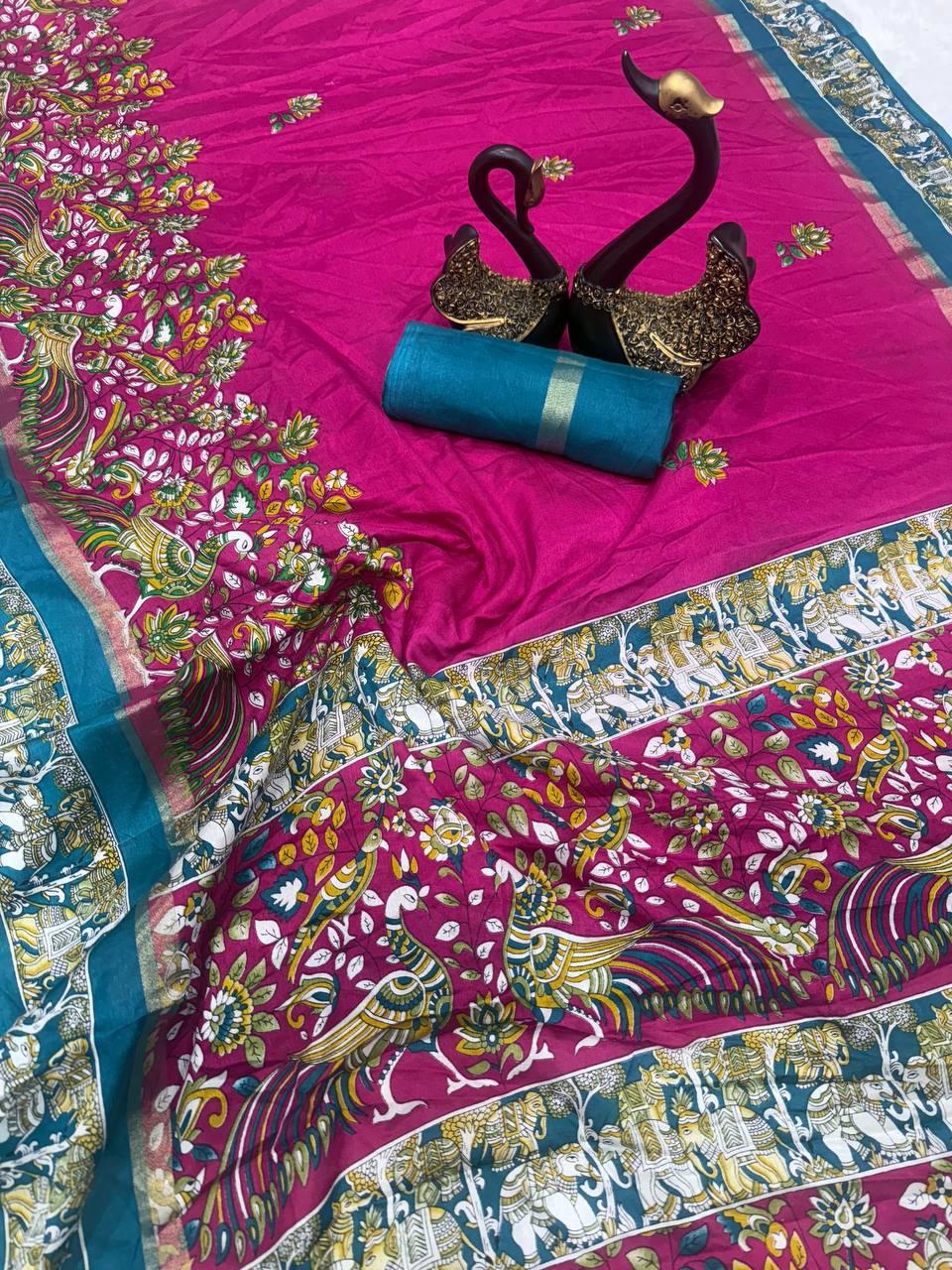 Angelic Dark Pink Digital Printed Dola Silk Saree With Delightful Blouse Piece