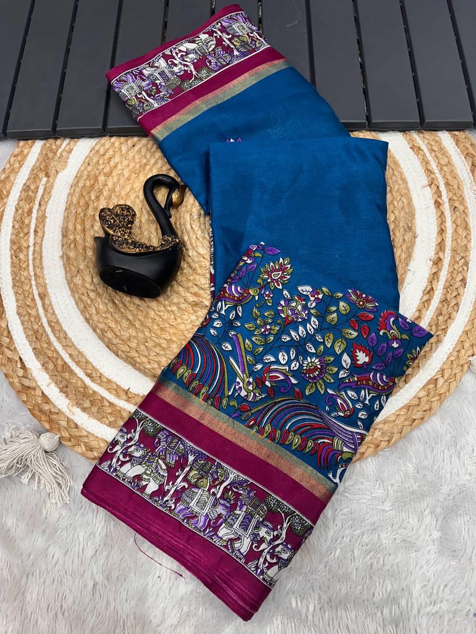 Captivating Navy Blue Digital Printed Dola Silk Saree With Beautiful Blouse Piece