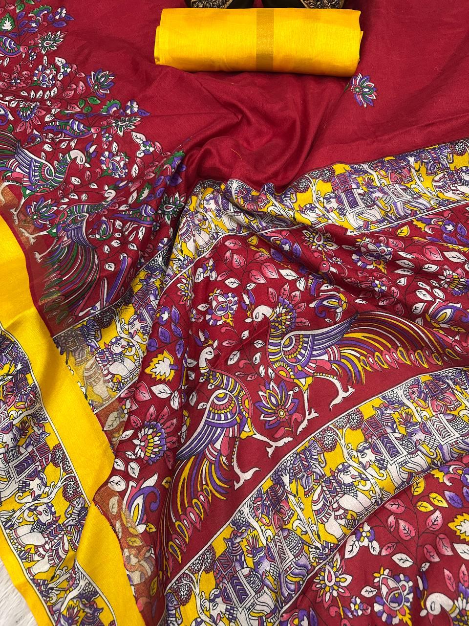 Zephyr Red Digital Printed Dola Silk Saree With Quixotic Blouse Piece