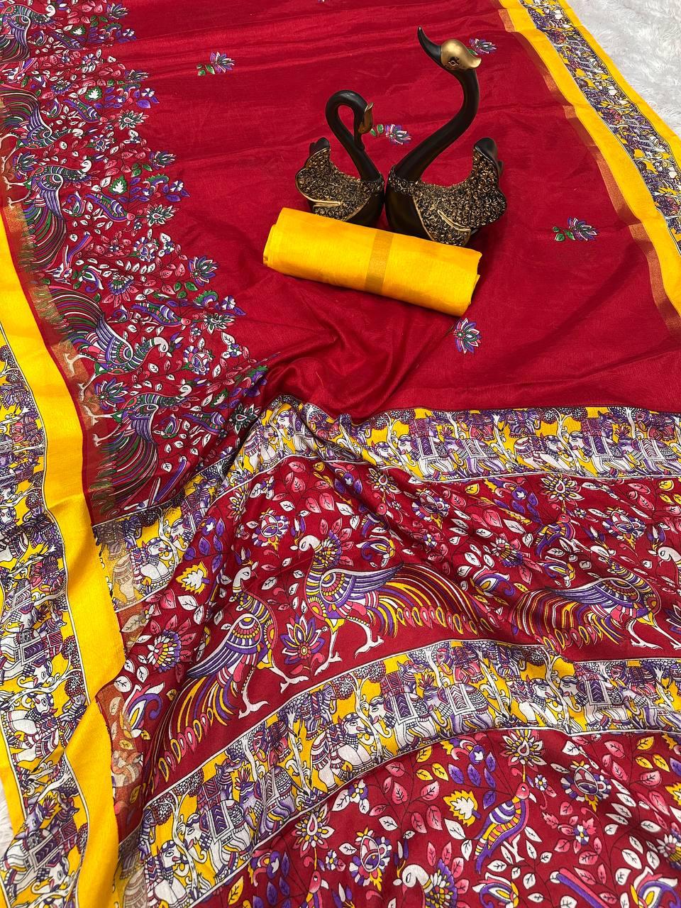 Zephyr Red Digital Printed Dola Silk Saree With Quixotic Blouse Piece