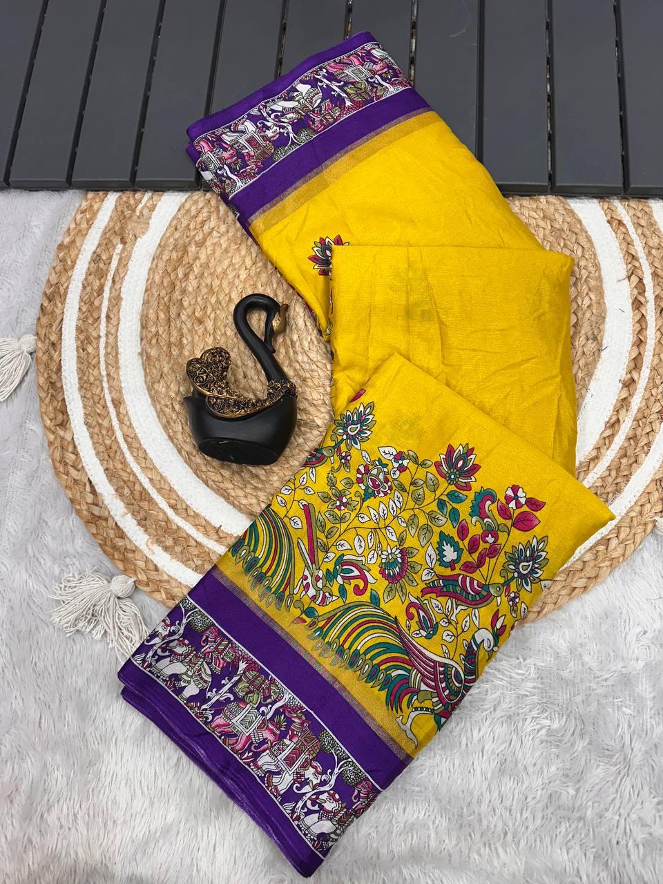 Prodigal Yellow Digital Printed Dola Silk Saree With Staggering Blouse Piece