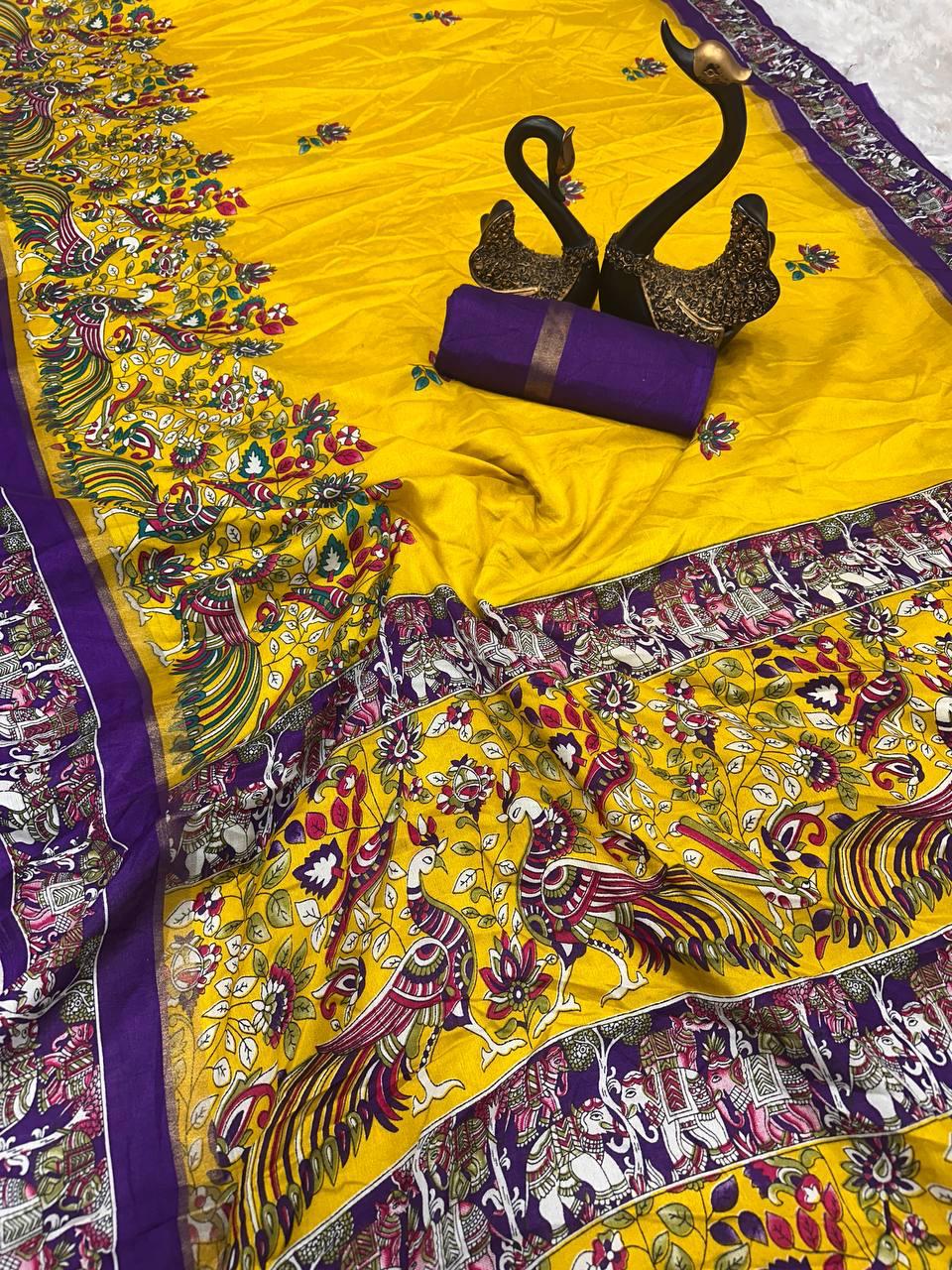 Prodigal Yellow Digital Printed Dola Silk Saree With Staggering Blouse Piece