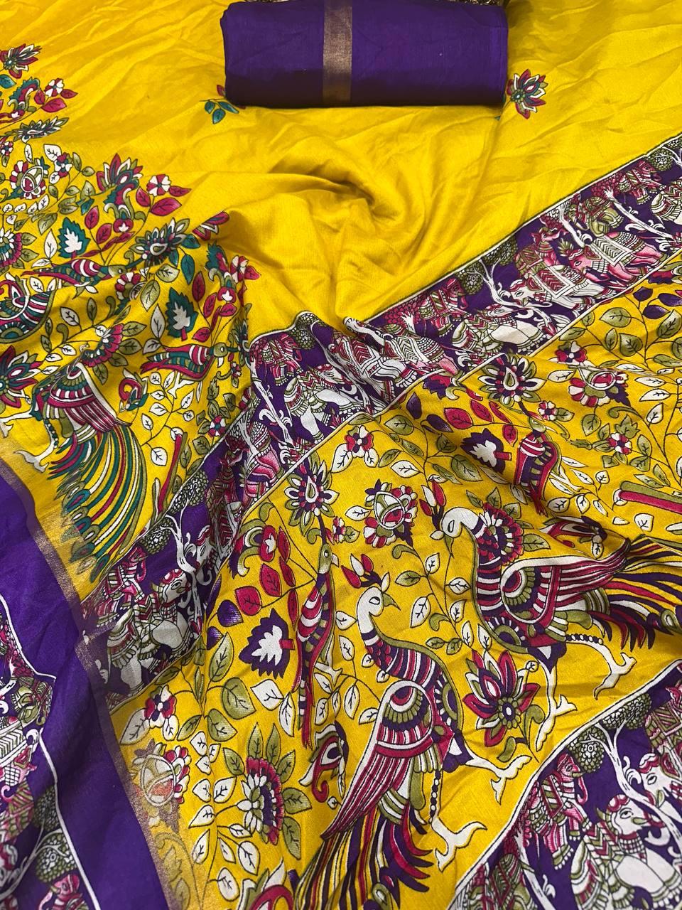 Prodigal Yellow Digital Printed Dola Silk Saree With Staggering Blouse Piece