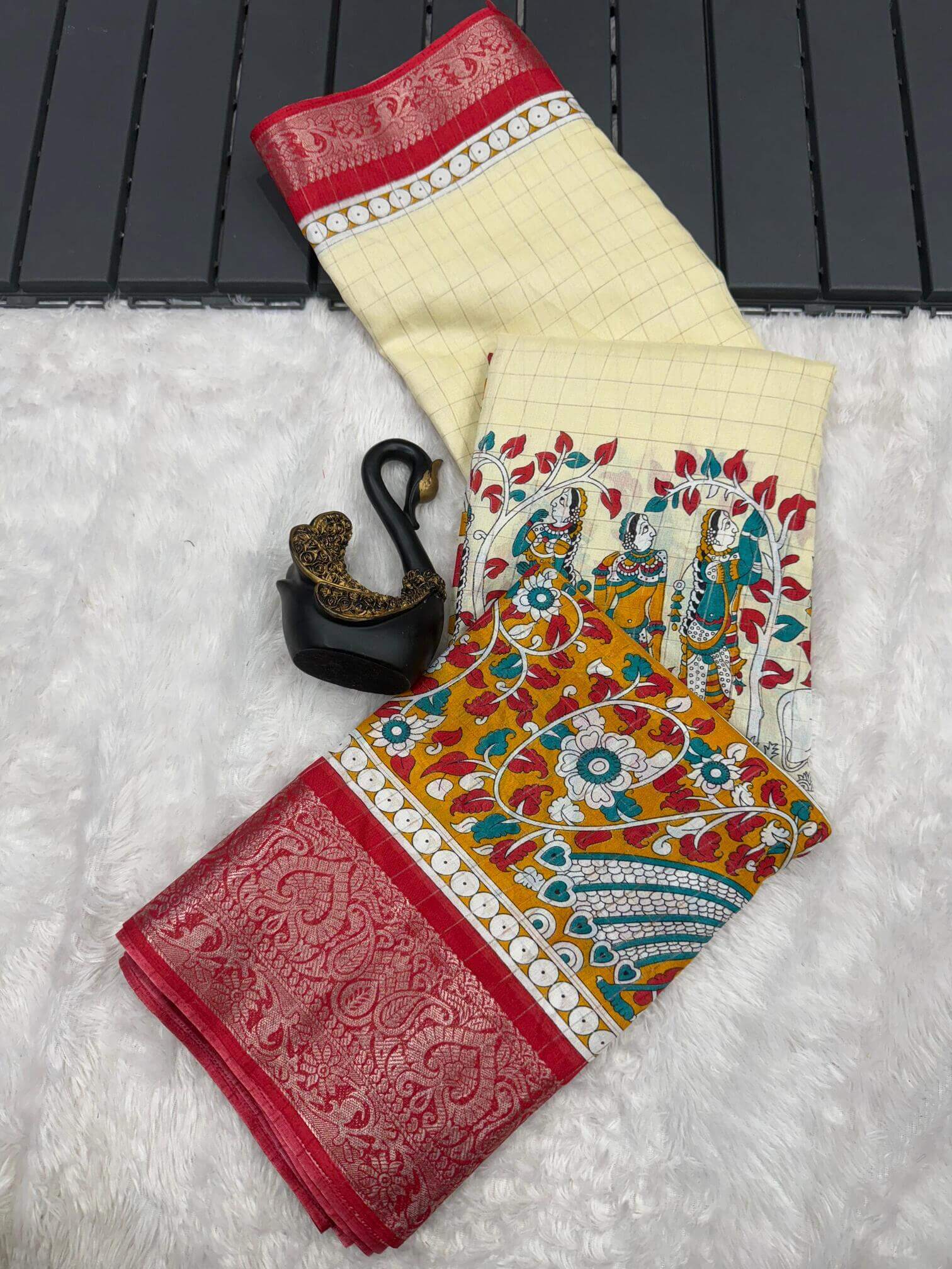 Stylish Red Digital Printed Soft Silk Saree With Marvellous Blouse Piece