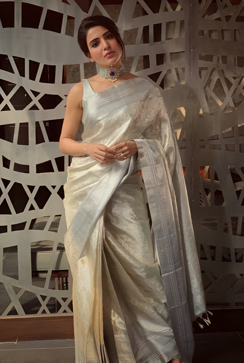 Pulsating Silver Soft Tissue Silk Saree With Fragrant Blouse Piece