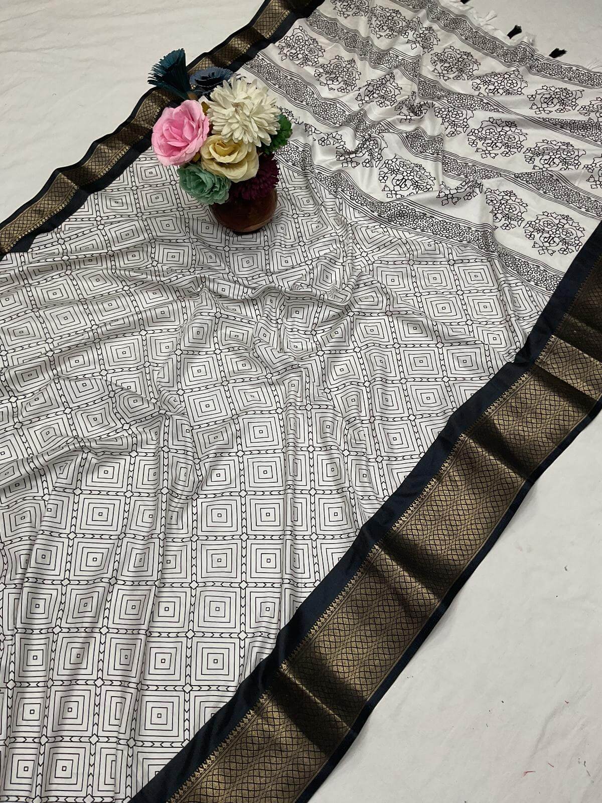 Opulent Off White Digital Printed Dola Silk Saree With Skinny Blouse Piece
