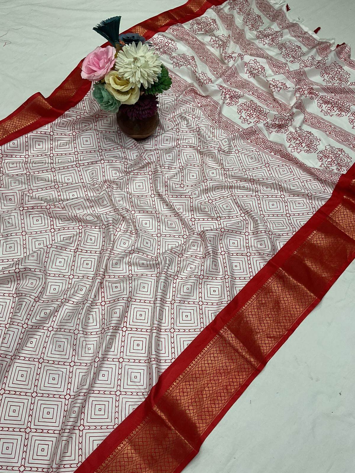 Marvellous Off White Digital Printed Dola Silk Saree With Verdant Blouse Piece