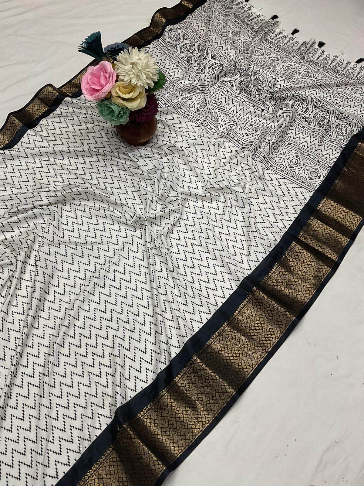 Opulent Off White Digital Printed Dola Silk Saree With Winsome Blouse Piece